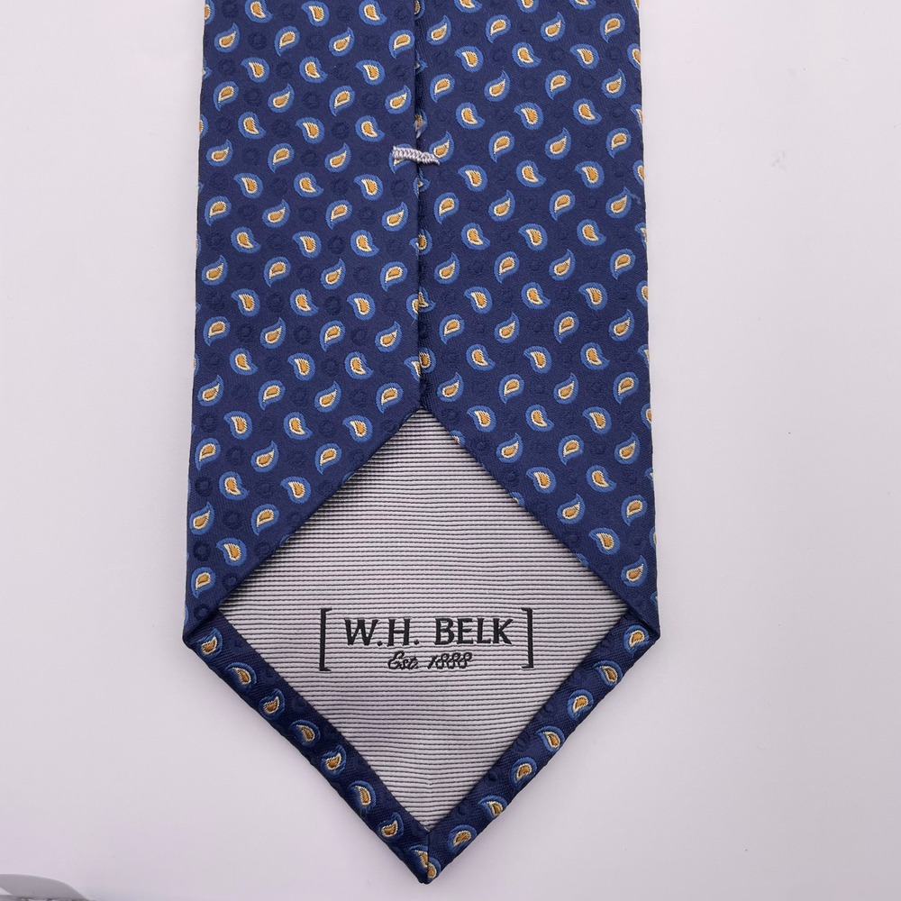W.H. Belk Luxury Silk Necktie Blue Gold Paisley Pattern Business‎ Wedding Formal